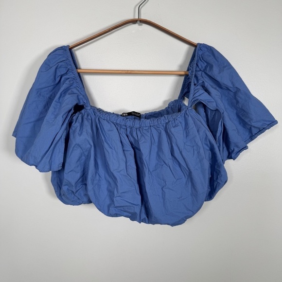 Zara Blue Ruched Ruffled Puff Crop Top - Picture 5 of 7